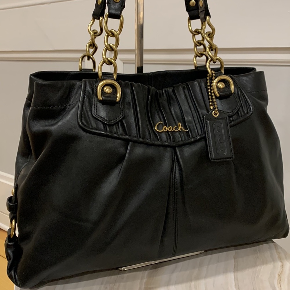 Coach Black Leather Tote with Gold Chain Handles